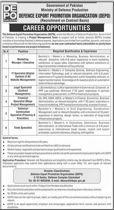Ministry of Defence Production Announces New DEPO Vacancies 2025