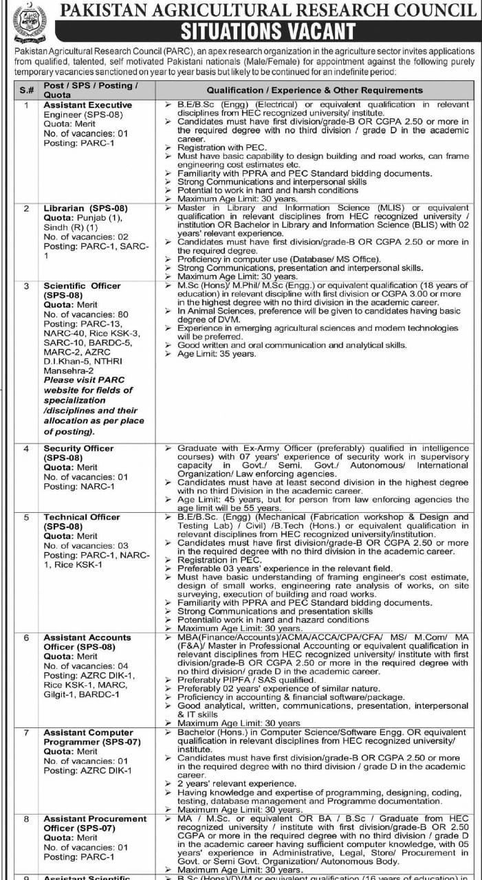 Pakistan Agricultural Research Council PARC Jobs 2025