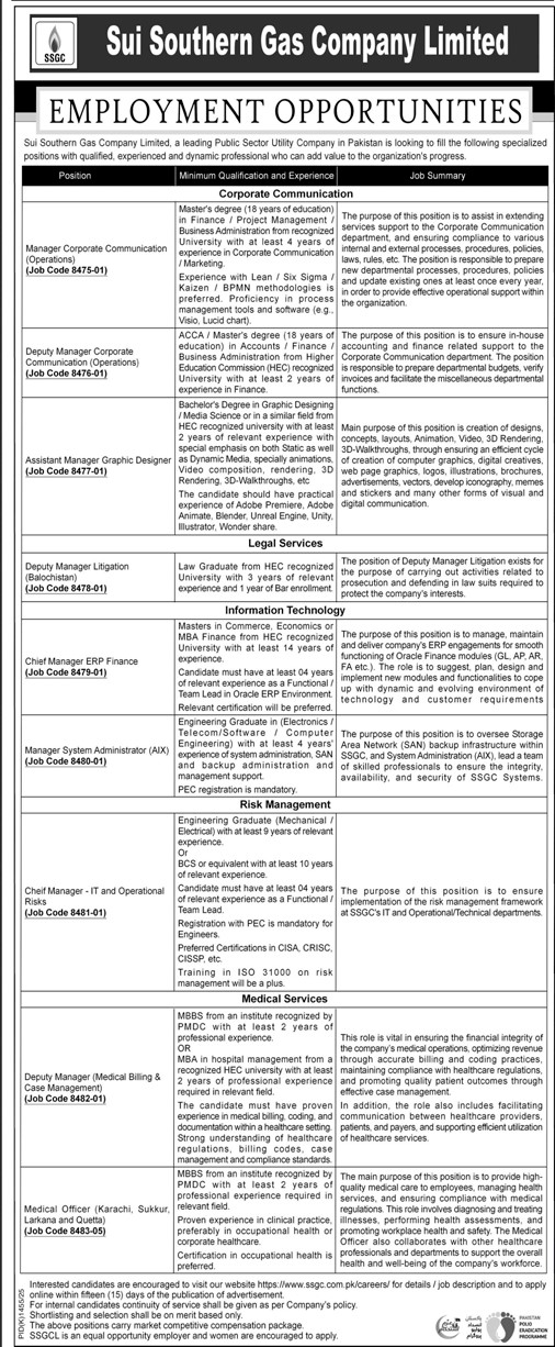 Sui Southern Gas Company Limited SSGC Jobs 2025