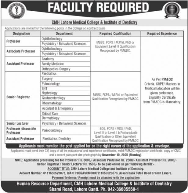 CMH Lahore Medical College Faculty Jobs 2025 Announced