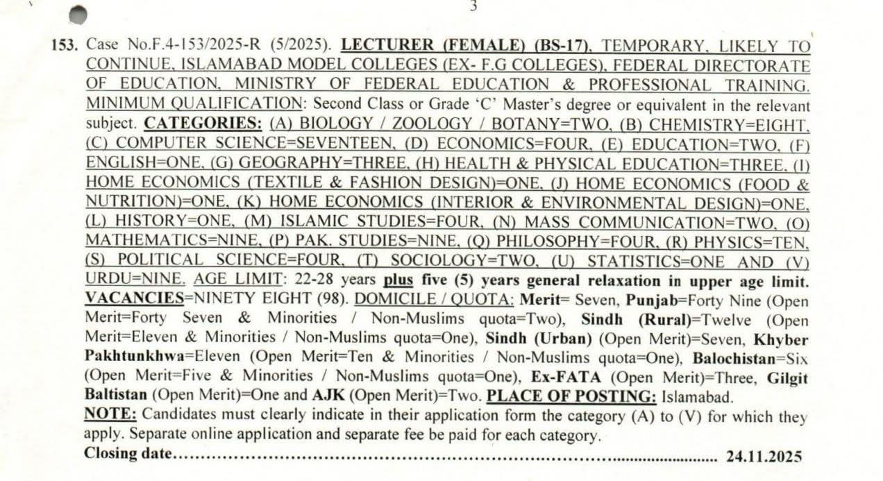 FPSC Lecturer Jobs 2025