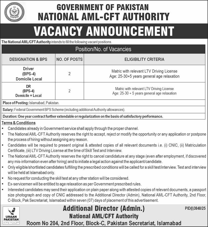 Government of Pakistan AML-CFT Authority Announces Vacancies in Islamabad