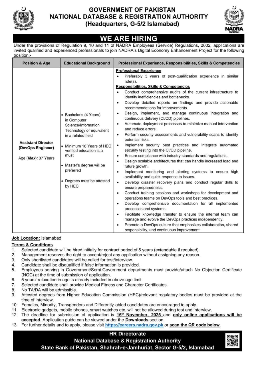 Government of Pakistan Hiring DevOps Engineer at NADRA Headquarters