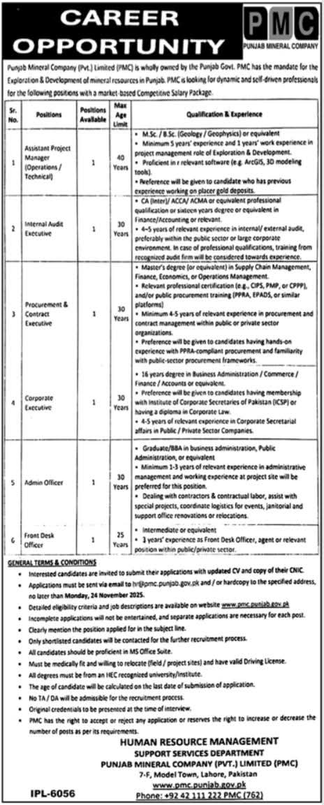 Punjab Mineral Company Announces New Job Vacancies 2025